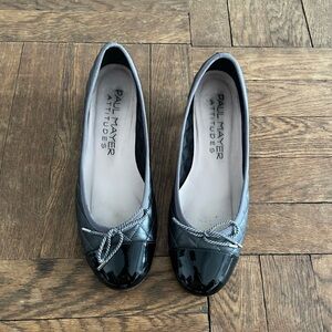 Paul Mayer metal grey ballet shoes with kitten heels.